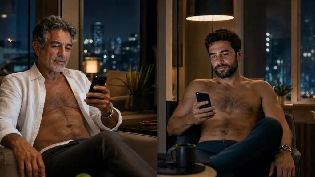 Dos hombres adultos de distintas edades, con el torso desnudo, intercambian mensajes íntimos desde habitaciones separadas.