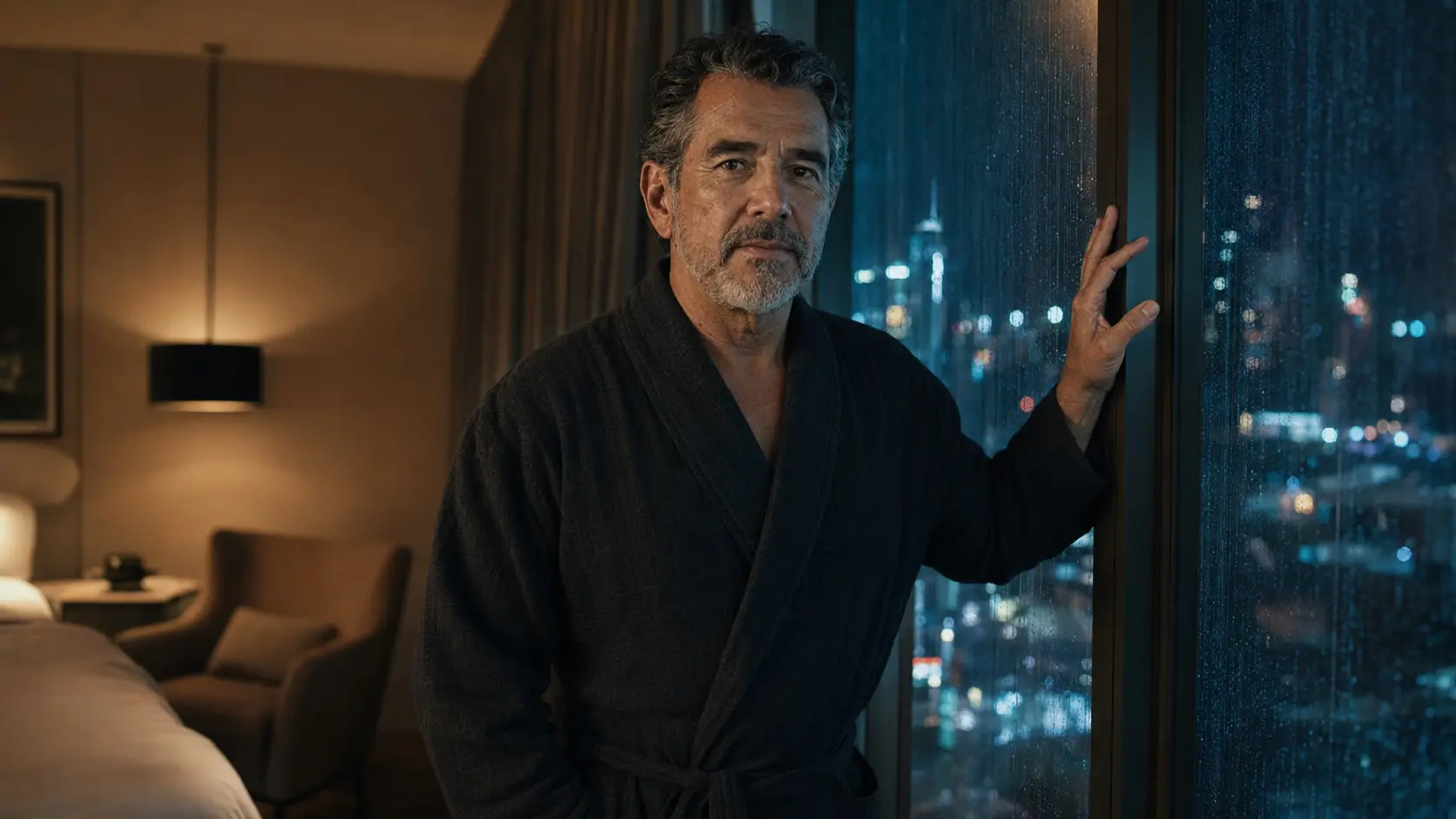 Hombre mexicano maduro con bata oscura mira la lluvia desde la ventana de un hotel en Bangkok.