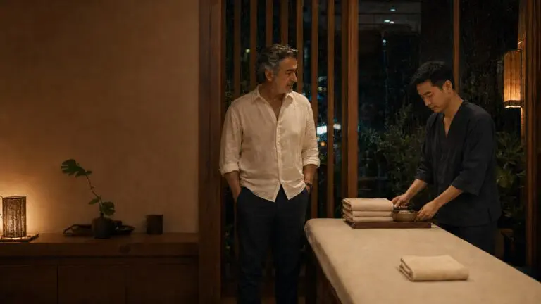Arquitecto mexicano de 55 años y masajista tailandés adulto conversan junto a una camilla en un estudio nocturno de Bangkok.