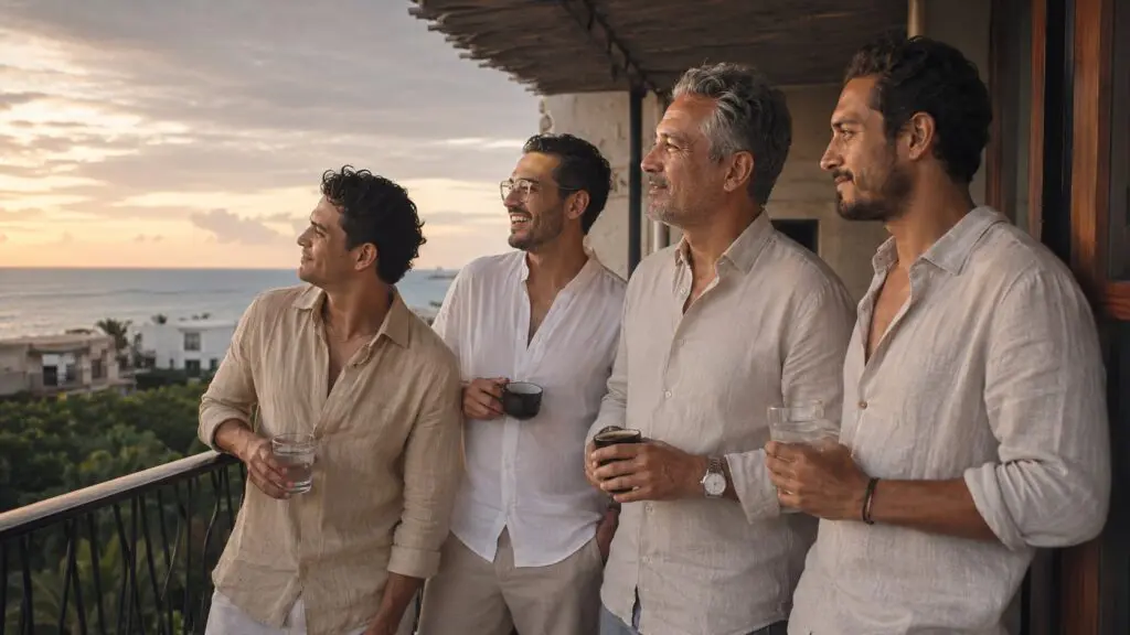 Cuatro hombres adultos vestidos de lino contemplan juntos el amanecer desde un balcón en Playa del Carmen.