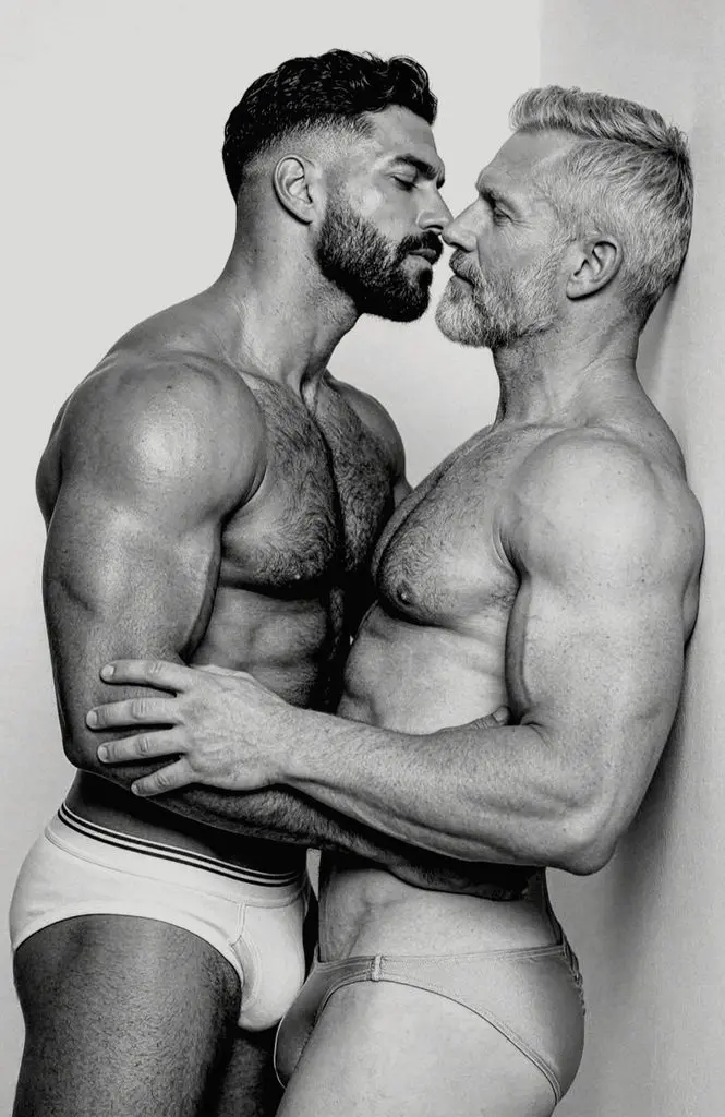 Dos hombres musculosos, uno de barba oscura y otro de cabello canoso, se aproximan para besarse mientras se sostienen por los brazos.