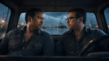 Dos hombres mexicanos maduros se miran dentro de una camioneta bajo una tormenta en el puerto de Veracruz.