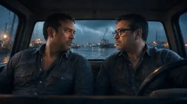 Dos hombres mexicanos maduros se miran dentro de una camioneta bajo una tormenta en el puerto de Veracruz.