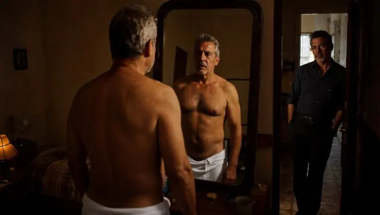 Hombre maduro con el torso desnudo y una toalla frente al espejo de un dormitorio, mientras otro hombre adulto lo observa desde la puerta.