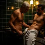 Dos hombres maduros comparten un momento de arreglo íntimo con una recortadora en un baño oscuro.