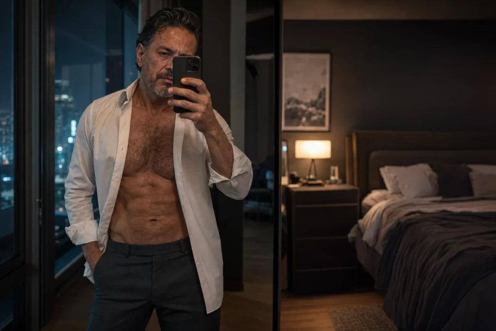 Hombre maduro de torso velludo se fotografía frente al espejo con el teléfono en una habitación nocturna.
