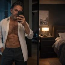 Hombre maduro de torso velludo se fotografía frente al espejo con el teléfono en una habitación nocturna.
