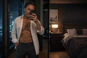 Hombre maduro de torso velludo se fotografía frente al espejo con el teléfono en una habitación nocturna.