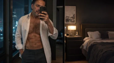 Hombre maduro de torso velludo se fotografía frente al espejo con el teléfono en una habitación nocturna.