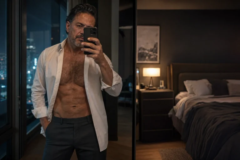 Hombre maduro de torso velludo se fotografía frente al espejo con el teléfono en una habitación nocturna.