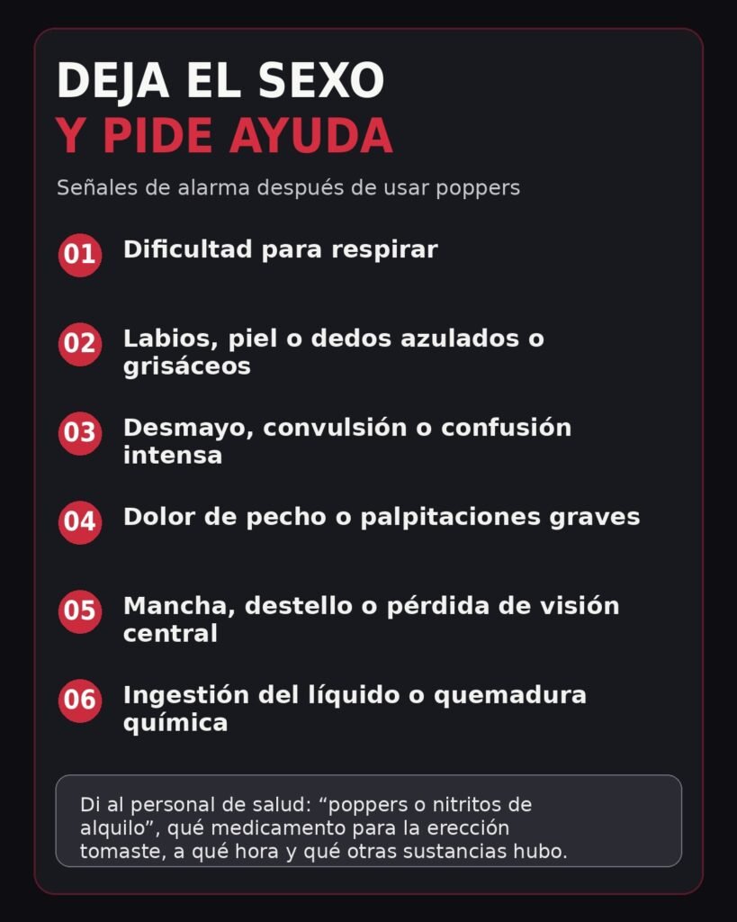 Infografía con señales de alarma después de usar poppers, como dificultad para respirar, desmayo o alteración visual.