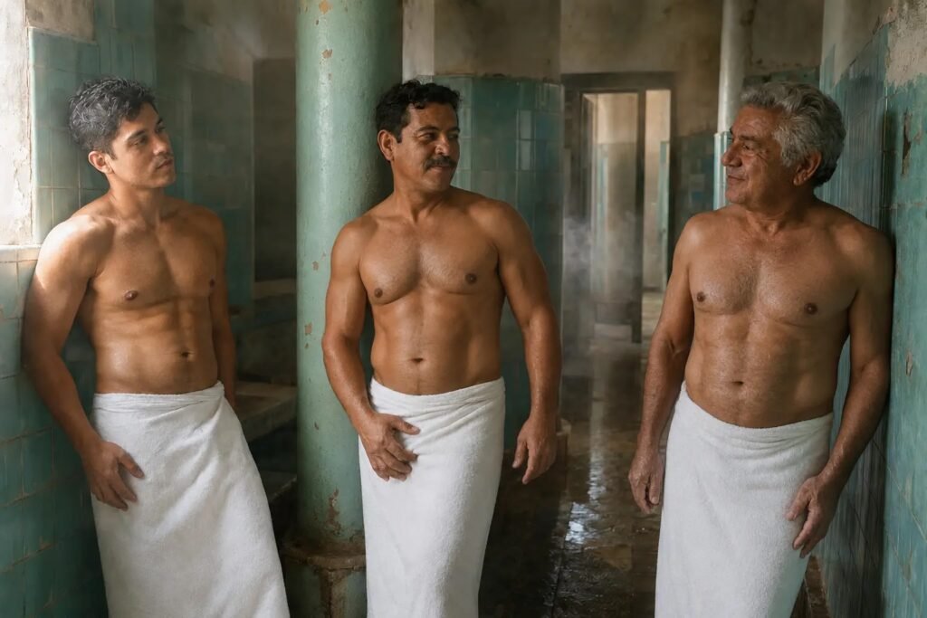 Tres hombres adultos de distintas edades, con el torso desnudo y toallas blancas, intercambian miradas en un antiguo baño de vapor.
