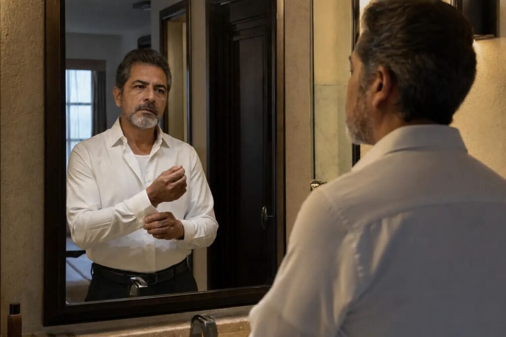 Hombre mexicano maduro se observa en el espejo mientras termina de vestirse en un hotel.