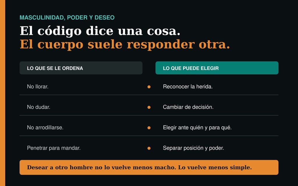 Comparación entre los mandatos tradicionales de la masculinidad y las decisiones posibles sobre herida, poder y deseo.