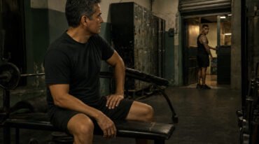 Hombre mexicano de cuarenta y cinco años mira a un joven tatuado al cierre de un gimnasio de barrio en Ciudad de México.