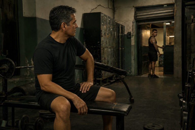 Hombre mexicano de cuarenta y cinco años mira a un joven tatuado al cierre de un gimnasio de barrio en Ciudad de México.