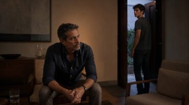 Un hombre maduro permanece sentado mientras un joven adulto abandona una sala después de una conversación privada.