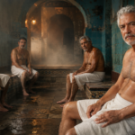 Fine-art editorial photograph, cinematic 16:9, old Mexican steam bath with turquoise ceramic tile, wet stone and dense warm mist. Four consenting adult Mexican men ages 24, 39, 54 and 67, realistic aspirational bodies, nude but genitals naturally obscured by steam, shadow and composition, body hair and mature skin visible, subtle erotic glances, no towels on two figures, others loosely wrapped, intimate but not staged pornography, sophisticated magazine realism. no erection, no explicit sexual act, no visible penetration, no text, no logos, no warped hands, no extra limbs, no plastic skin
