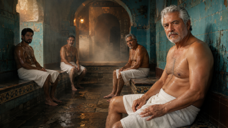 Fine-art editorial photograph, cinematic 16:9, old Mexican steam bath with turquoise ceramic tile, wet stone and dense warm mist. Four consenting adult Mexican men ages 24, 39, 54 and 67, realistic aspirational bodies, nude but genitals naturally obscured by steam, shadow and composition, body hair and mature skin visible, subtle erotic glances, no towels on two figures, others loosely wrapped, intimate but not staged pornography, sophisticated magazine realism. no erection, no explicit sexual act, no visible penetration, no text, no logos, no warped hands, no extra limbs, no plastic skin