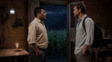Hombre zapoteco y visitante español se miran dentro de una cabaña junto a una milpa de la Sierra Norte de Oaxaca.