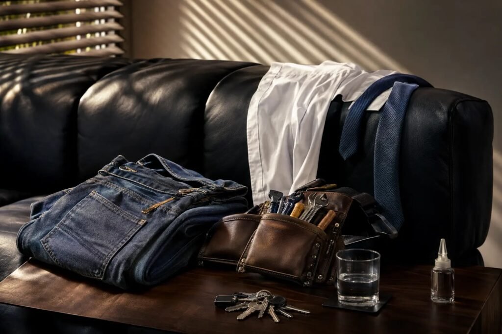 Camisa blanca, corbata, mezclilla, herramientas y llaves abandonadas sobre un sillón de piel después de que dos hombres adultos se desvistieron.