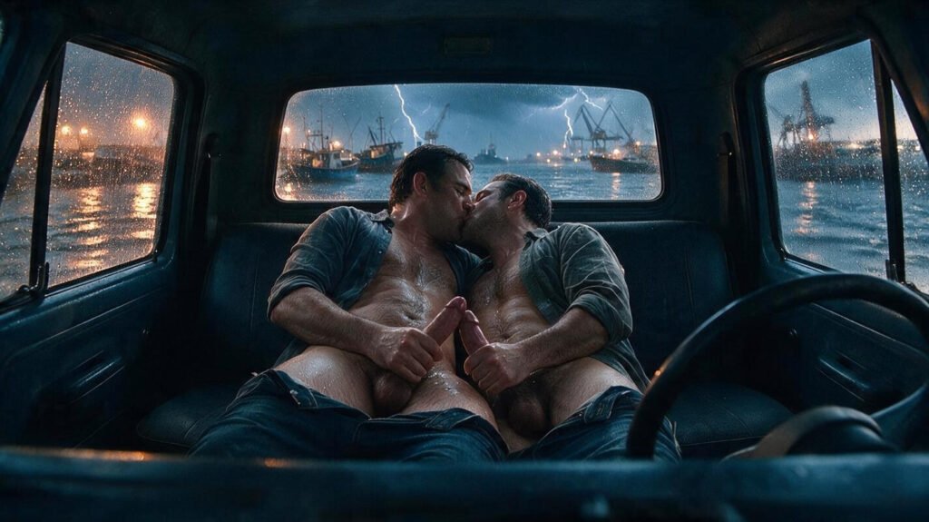 Manos de dos hombres maduros juntos y mojados dentro de una camioneta en el puerto.