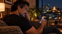 Hombre adulto visto en tres cuartos de perfil desde atrás examina perfiles masculinos en su teléfono.