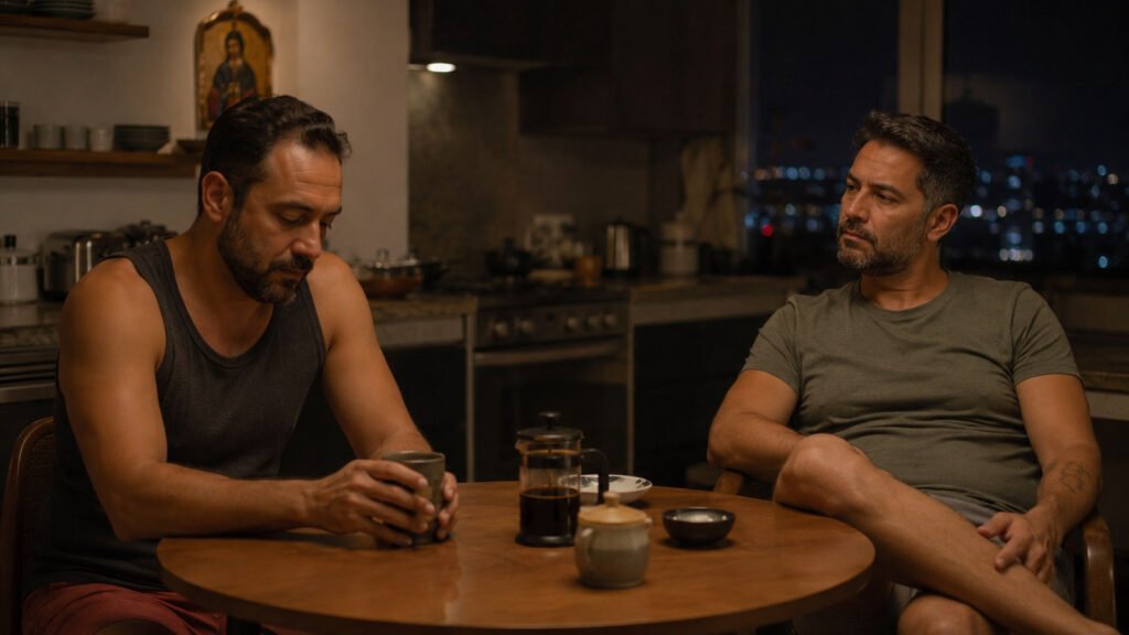 Dos hombres adultos conversan sentados a una mesa de cocina por la noche; escena editorial sobre acuerdos de pareja.