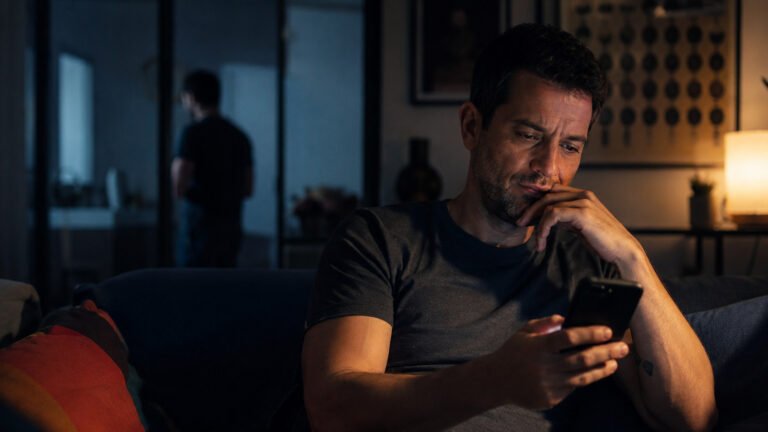 Hombre adulto sentado en un sofá oscuro mirando su teléfono; otra figura aparece desenfocada detrás.