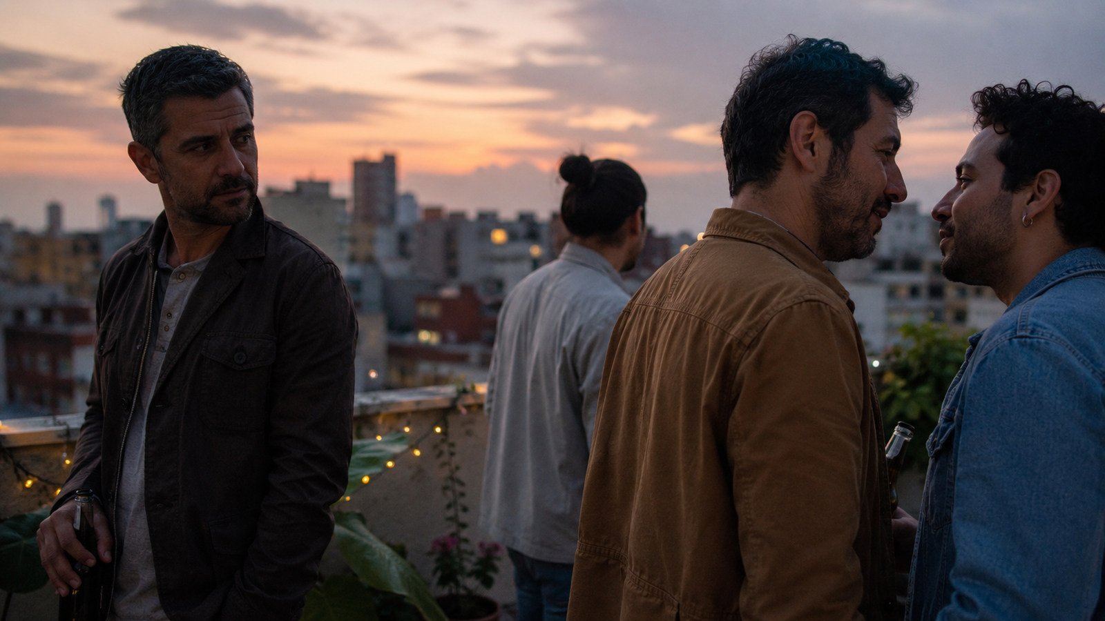 En una terraza al atardecer, un hombre mira hacia dos hombres que conversan cerca de él.