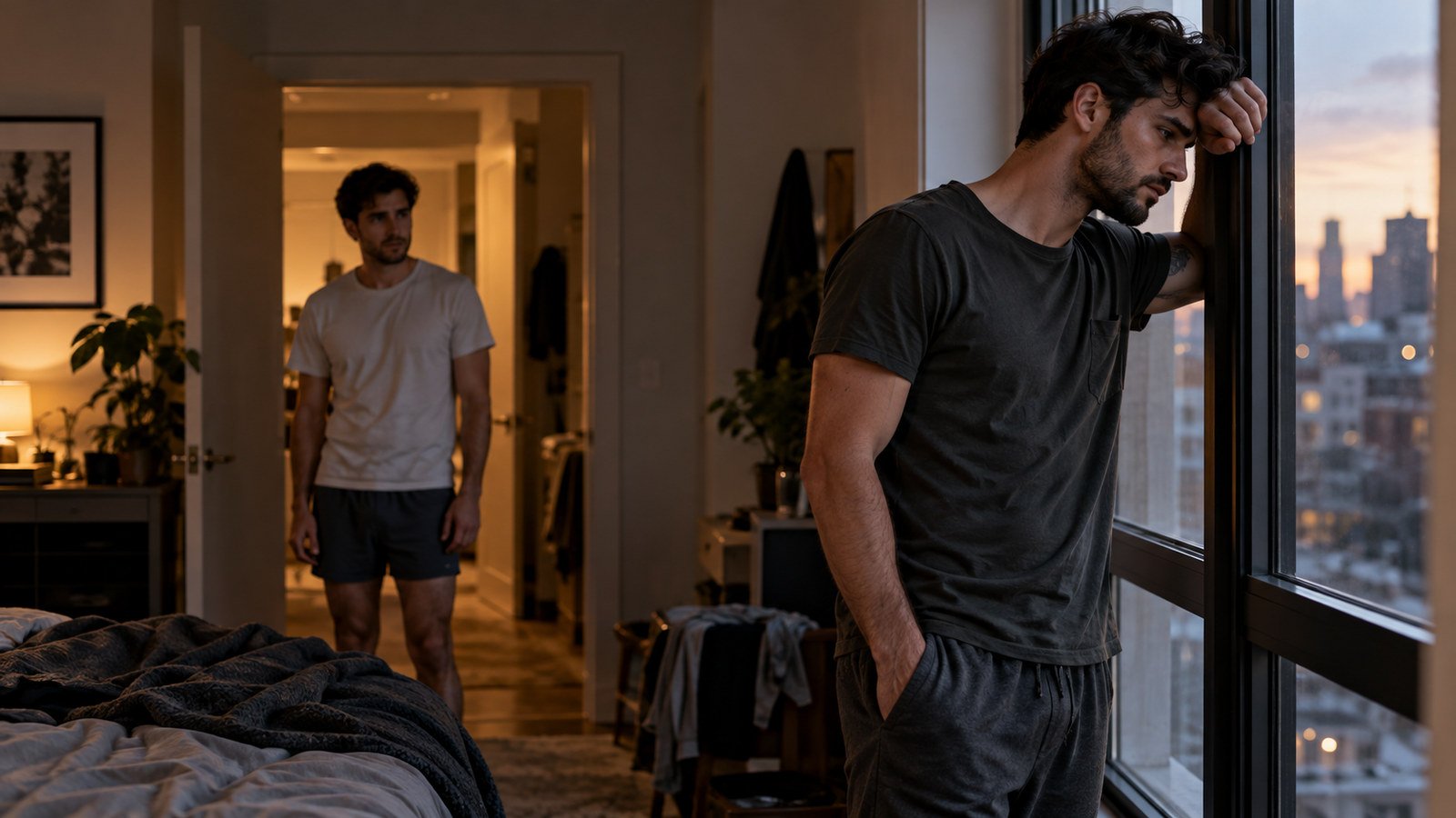 Dos hombres adultos en una habitación; uno permanece junto a la ventana y el otro lo observa desde una puerta.