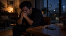 Hombre adulto sentado de noche junto a una mesa, con las manos frente al rostro y un teléfono cercano.