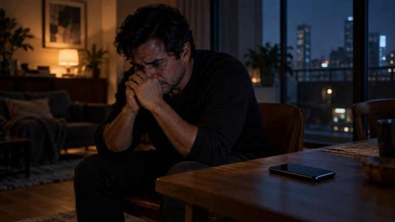 Hombre adulto sentado de noche junto a una mesa, con las manos frente al rostro y un teléfono cercano.