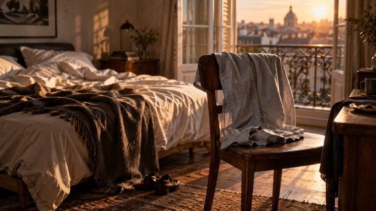 Prenda clara sobre el respaldo de una silla junto a una cama y una ventana al atardecer.