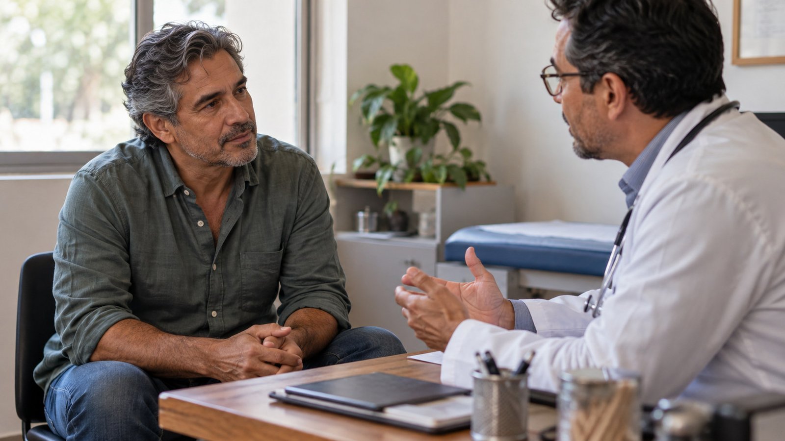 Un hombre adulto conversa con un médico en un consultorio