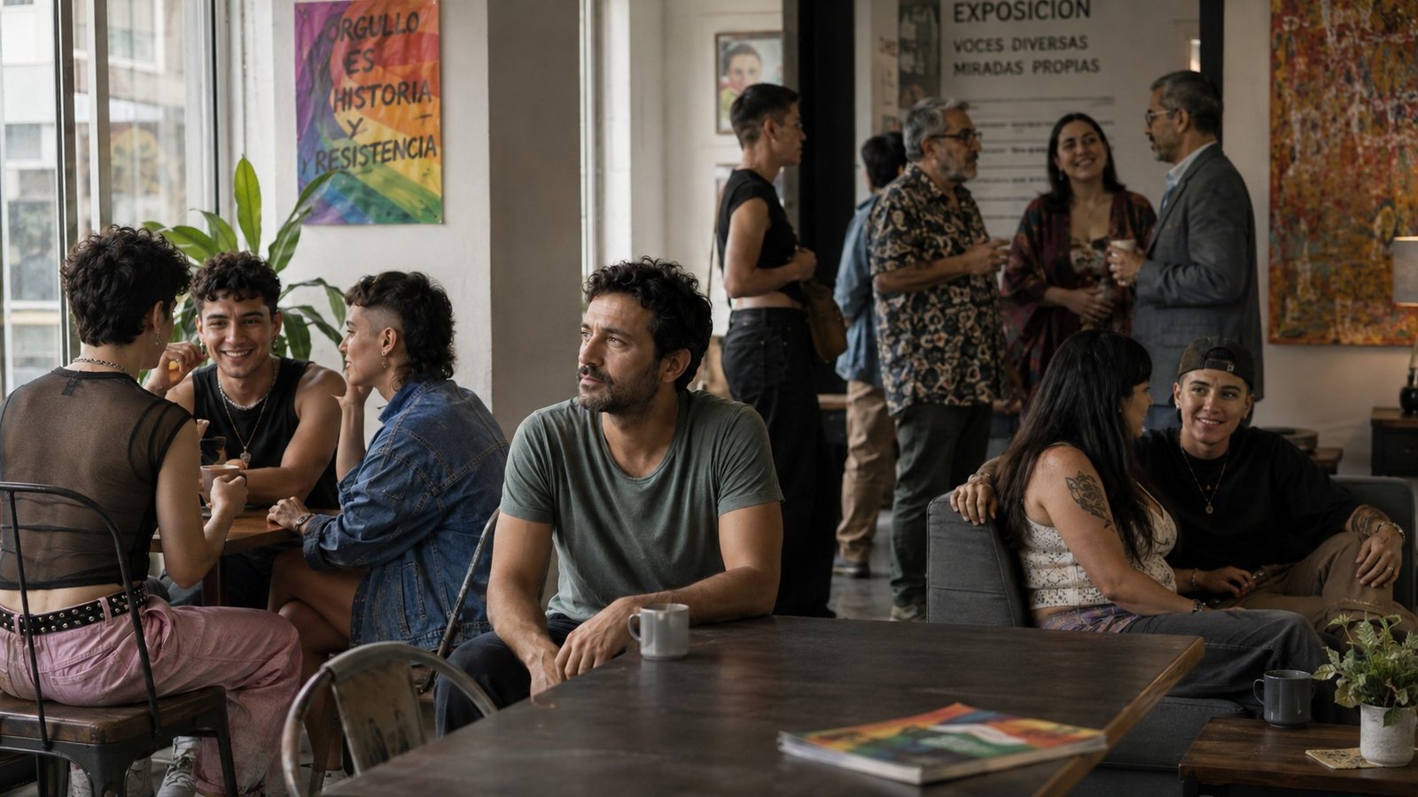 Grupo diverso de personas adultas conversa en una sala cultural con distintas posiciones y edades.