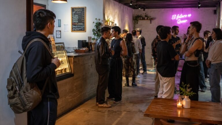 Persona con mochila observa a varios grupos de personas conversando en un café con el letrero «El futuro es Queer».