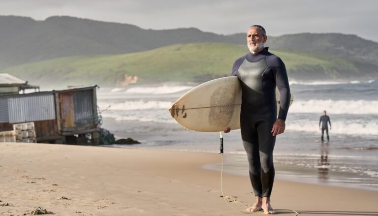 Surfista mexicano adulto de barba canosa, vestido con traje de neopreno, sostiene una tabla junto a las olas de una playa del Pacífico.