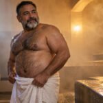 Hombre robusto de barba entrecana y pecho velludo se ajusta una toalla blanca en un baño de vapor con luz cálida.