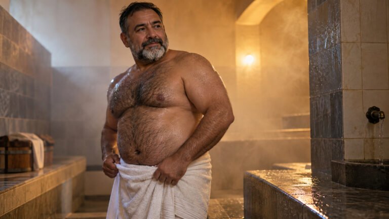 Hombre robusto de barba entrecana y pecho velludo se ajusta una toalla blanca en un baño de vapor con luz cálida.