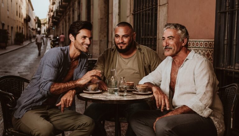 Tres hombres adultos de distintas edades y complexiones conversan en una mesa de café al aire libre.