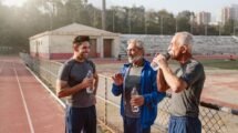 Tres hombres mexicanos adultos con ropa deportiva conversan y beben agua junto a la pista de entrenamiento de un parque.