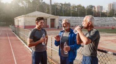 Tres hombres mexicanos adultos con ropa deportiva conversan y beben agua junto a la pista de entrenamiento de un parque.