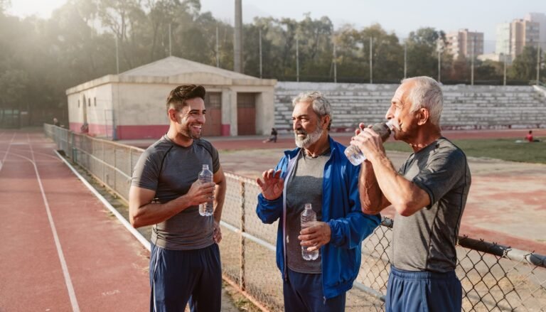 Tres hombres mexicanos adultos con ropa deportiva conversan y beben agua junto a la pista de entrenamiento de un parque.